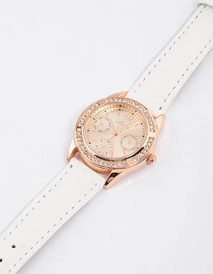 Rose Gold Coloured Diamante Dial Faux Leather Watch