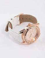 Rose Gold Coloured Diamante Dial Faux Leather Watch
