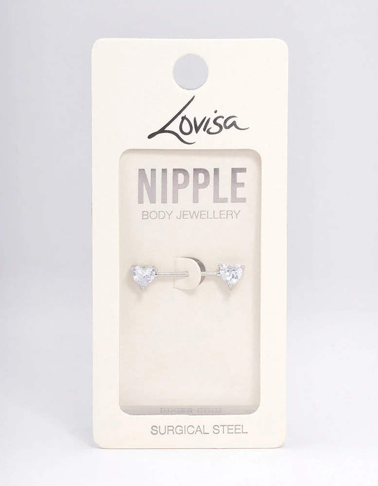 Surgical Steel Cubic Zirconia Double Heart Nipple Piercing