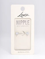 Surgical Steel Cubic Zirconia Double Heart Nipple Piercing