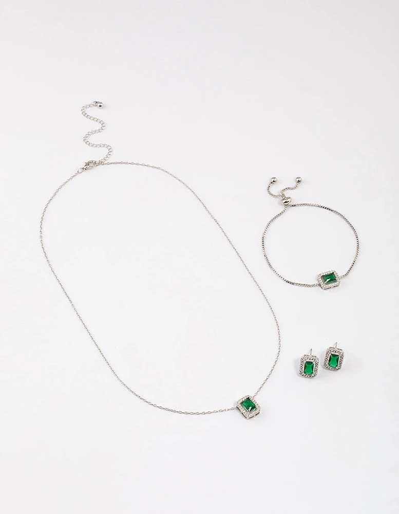 Rhodium Square Halo Jewellery Set