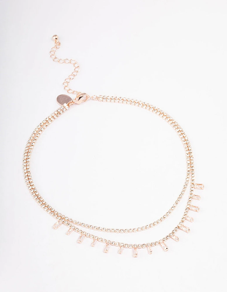 Rose Gold Double Row Dainty Rectangle Diamante Necklace