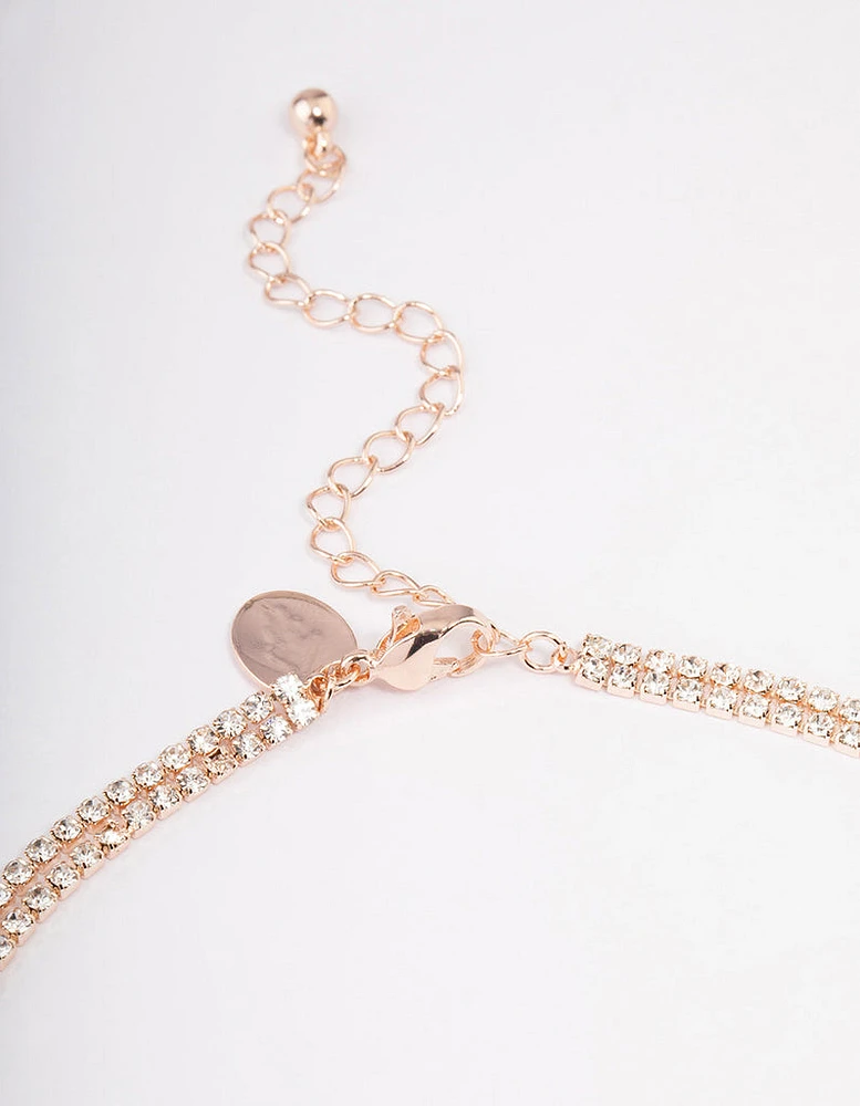 Rose Gold Double Row Dainty Rectangle Diamante Necklace