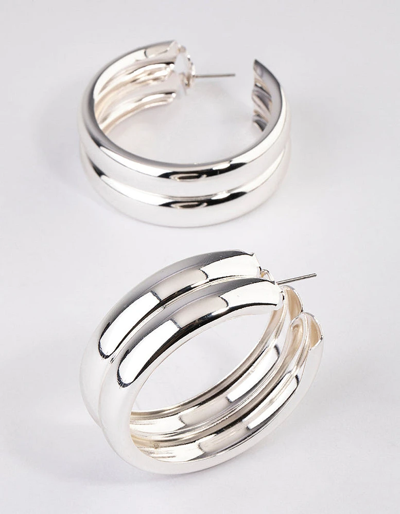 Silver Double Rib Hoop Earrings 40mm