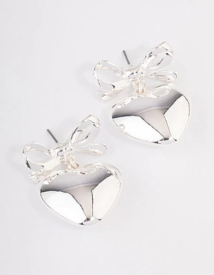Silver Bow Heart Drop Earrings