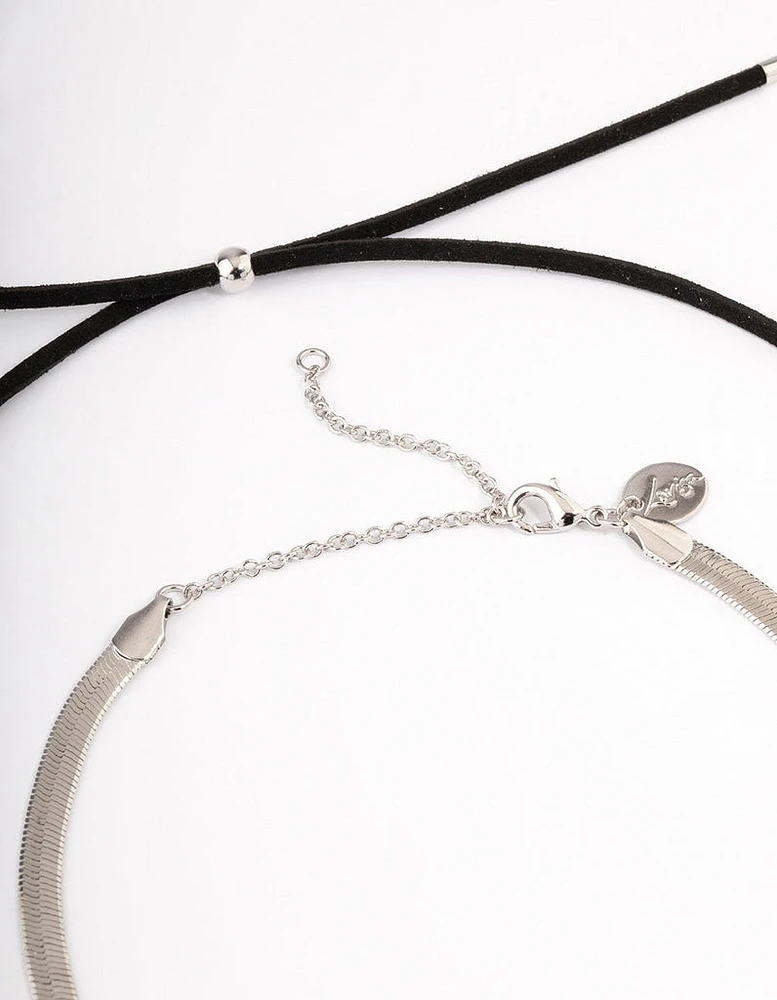 Rhodium Snake Chain Black Suede Cord Necklace Pack