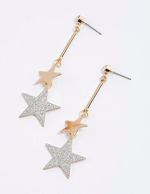 Gold Glitter Double Silver Star Drop Earrings