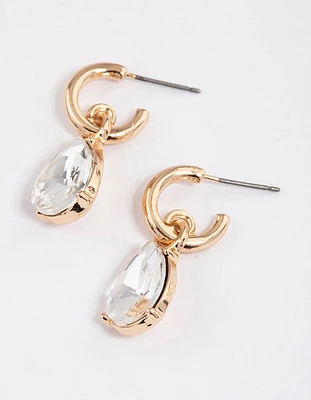 Gold Pear Diamante Huggie Drop Earrings