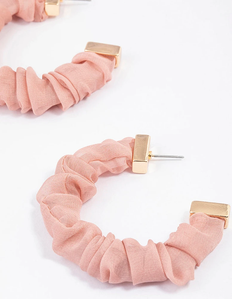 Gold & Pink Scrunched Fabric Hoop Earrings