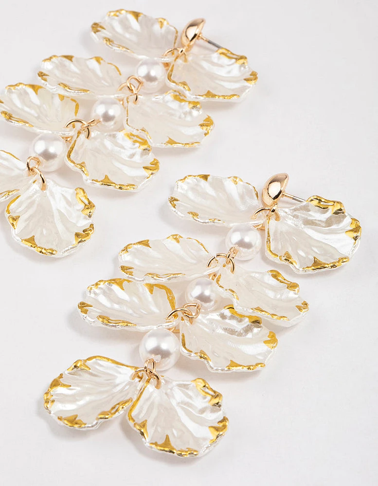 Gold Pearlised Petal Drop Earrings