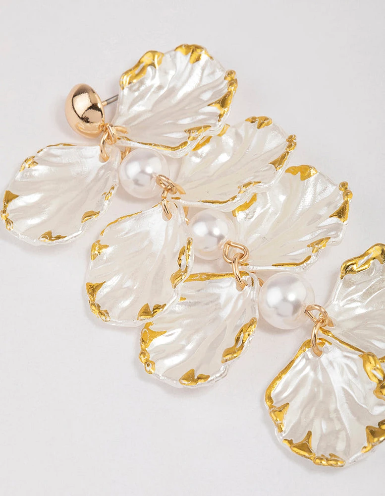 Gold Pearlised Petal Drop Earrings