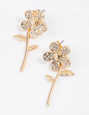 Gold Diamante Flower Sandwich Drop Earrings