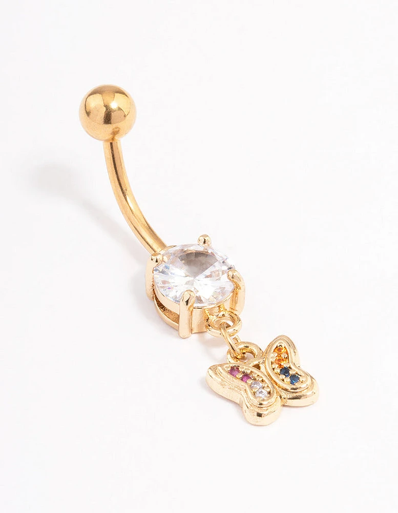 Gold Plated Surgical Steel Cubic Zirconia Rainbow Butterfly Belly Ring