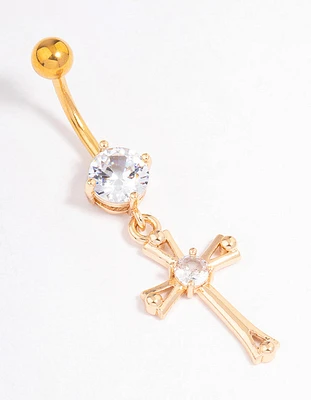 Gold Plated Surgical Steel Cubic Zirconia Cross Drop Belly Ring