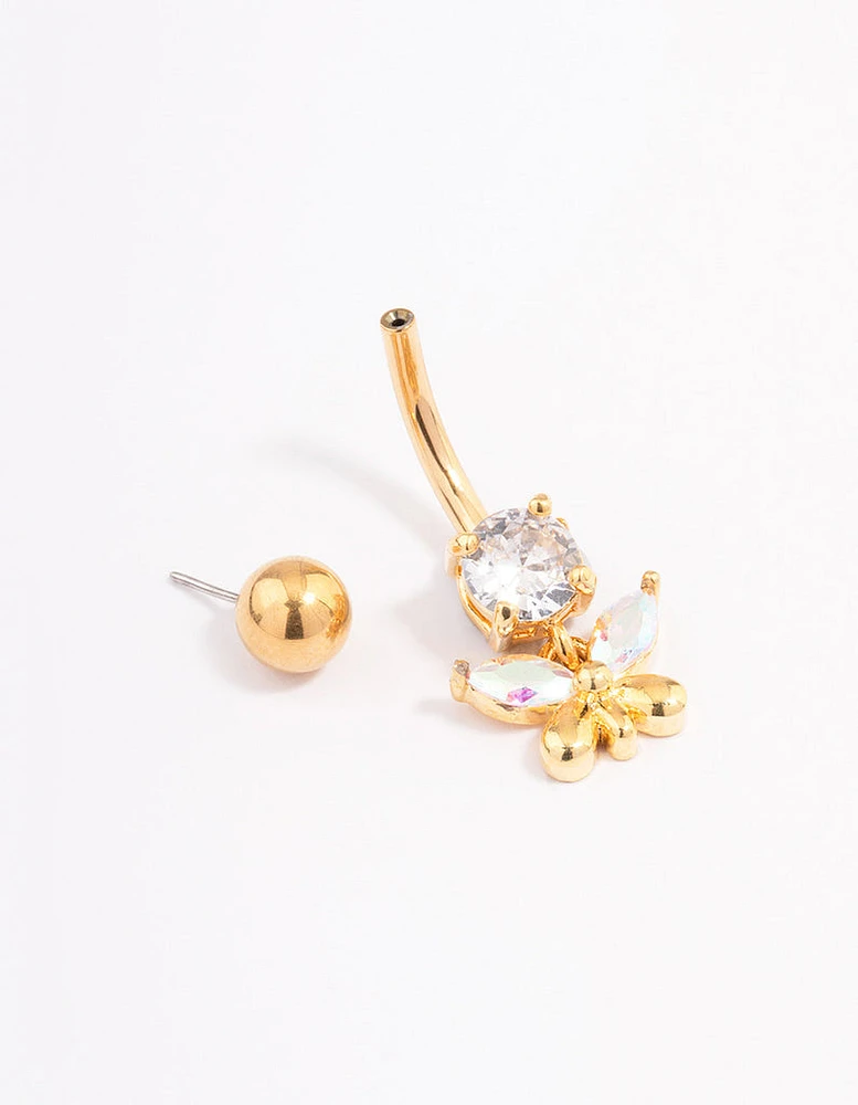 Gold Plated Surgical Steel Cubic Zirconia Butterfly Charm Belly Ring