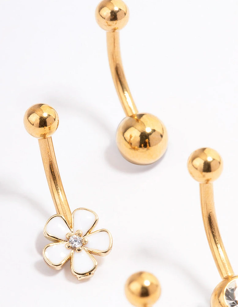 Gold Plated Surgical Steel Bezel & Flower Belly Ring 4-Pack