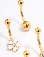 Gold Plated Surgical Steel Bezel & Flower Belly Ring 4-Pack