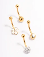 Gold Plated Surgical Steel Bezel & Flower Belly Ring 4-Pack