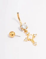 Gold Plated Surgical Steel Cubic Zirconia Opal Cross Belly Ring