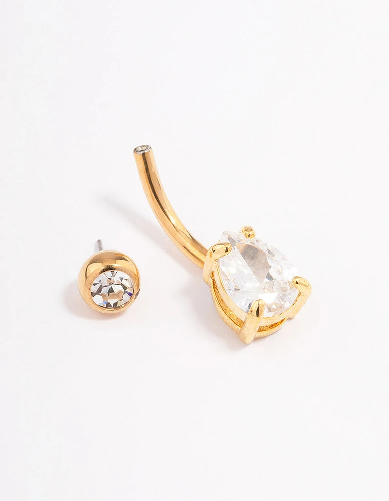 Gold Plated Surgical Steel Cubic Zirconia Bezel & Pear Belly Ring