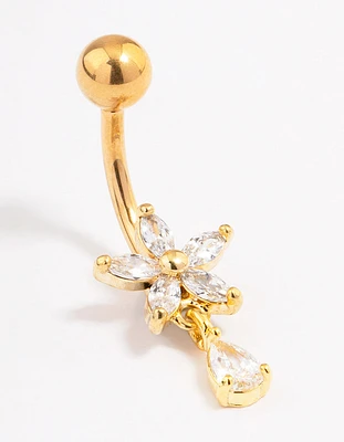 Gold Plated Surgical Steel Cubic Zirconia Flower Pear Belly Ring