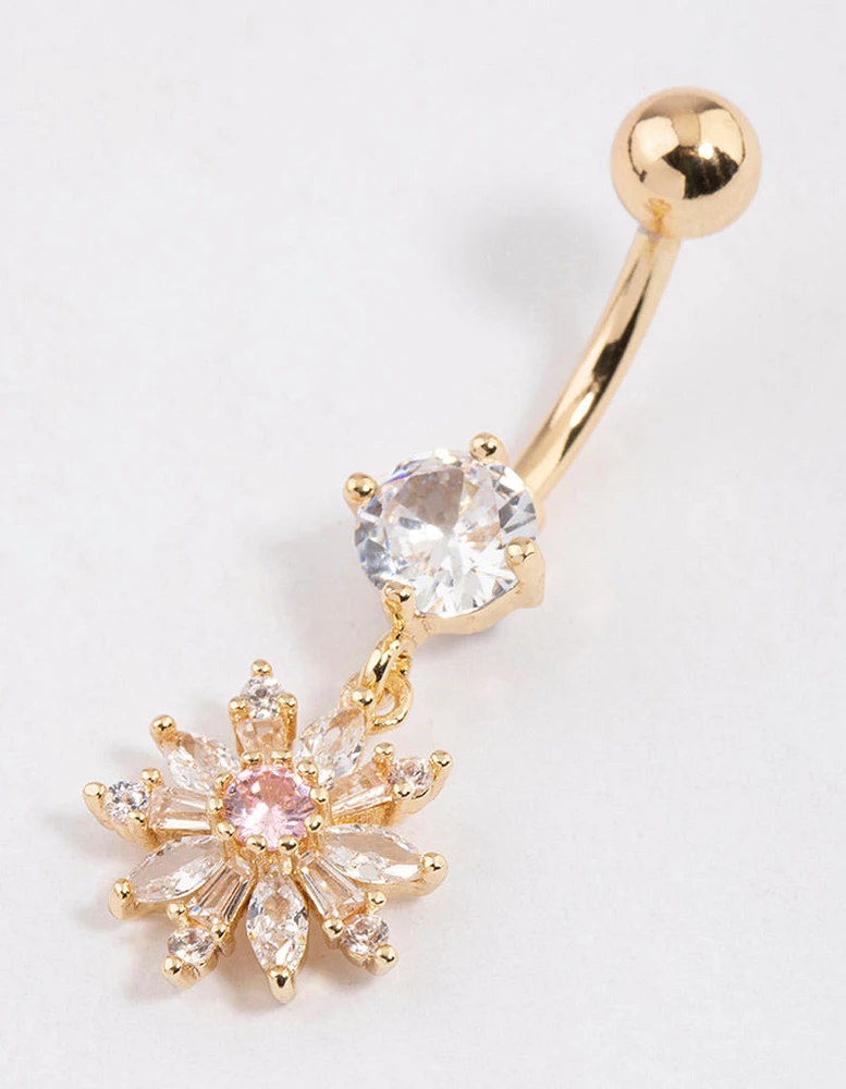 Gold Plated Surgical Steel Sunflower Charm Belly Ring