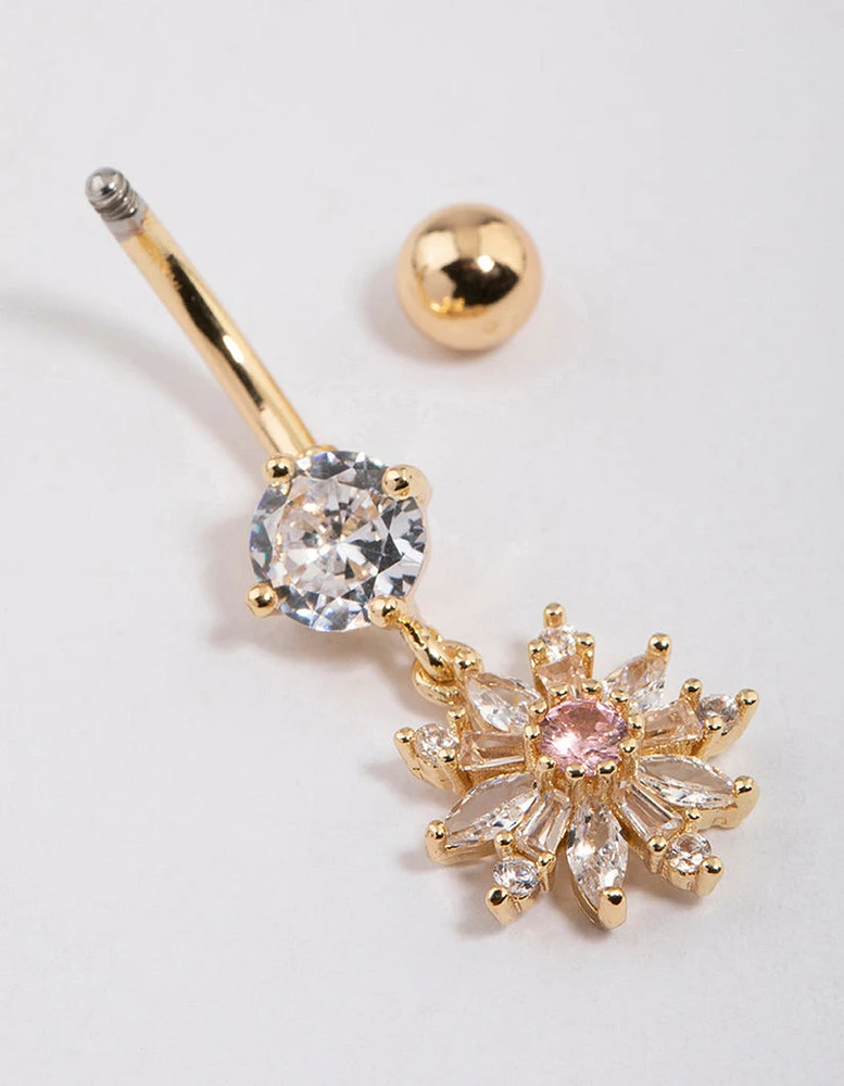 Gold Plated Surgical Steel Sunflower Charm Belly Ring