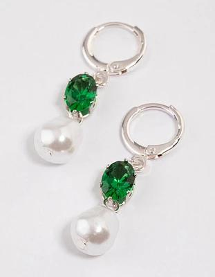 Green Stone & Pearl Huggie Drop Earrings