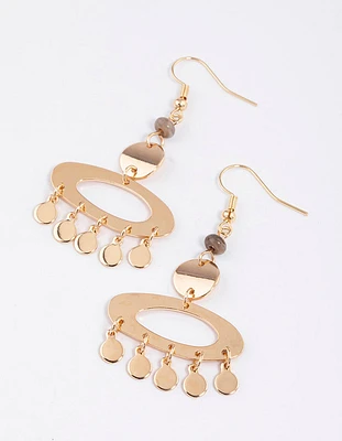 Brown Oval Disc Beaded Drop Earrings