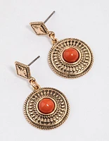 Orange Etched Stone Drop Earrings