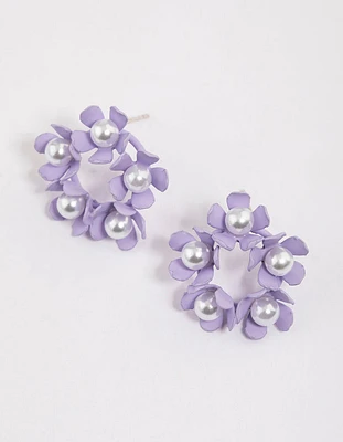 Purple Flower & Pearl Circle Stud Earrings