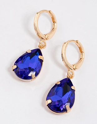 Blue Diamante Pear Huggie Drop Earrings