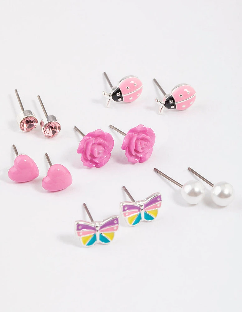 Kids Pink Rose Stud Earrings 6-Pack