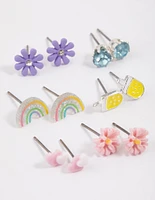Kids Silver Rainbow Ice Cream Stud Earrings 6-Pack