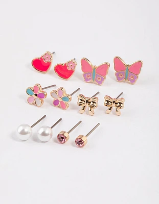Kids Gold Butterfly Heart Stud Earrings 6-Pack
