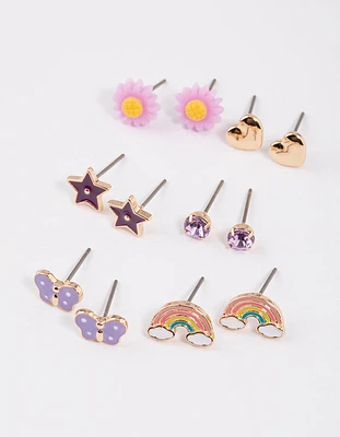 Kids Purple Star Rainbow Stud Earrings 6-Pack