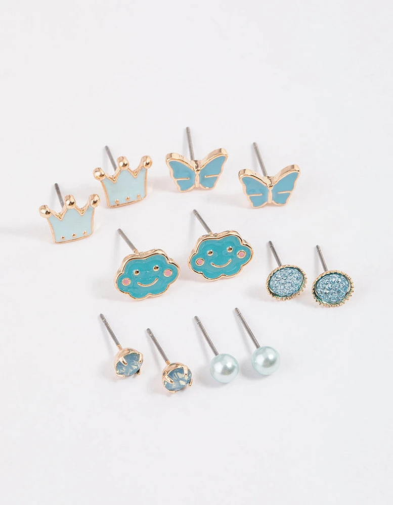 Kids Crown Butterfly Stud Earrings 6-Pack