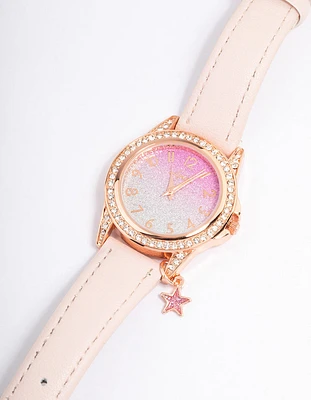 Kids Rose Gold Star Glitter Faux Leather Watch