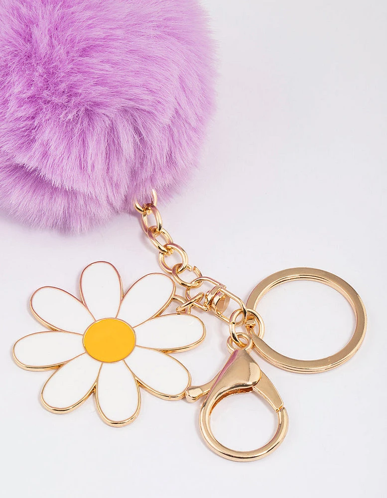 Kids Fabric Daisy Pom Pom Key Ring