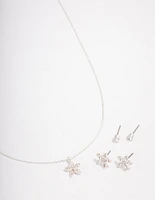 Silver Flower Earrings Jewellery Set