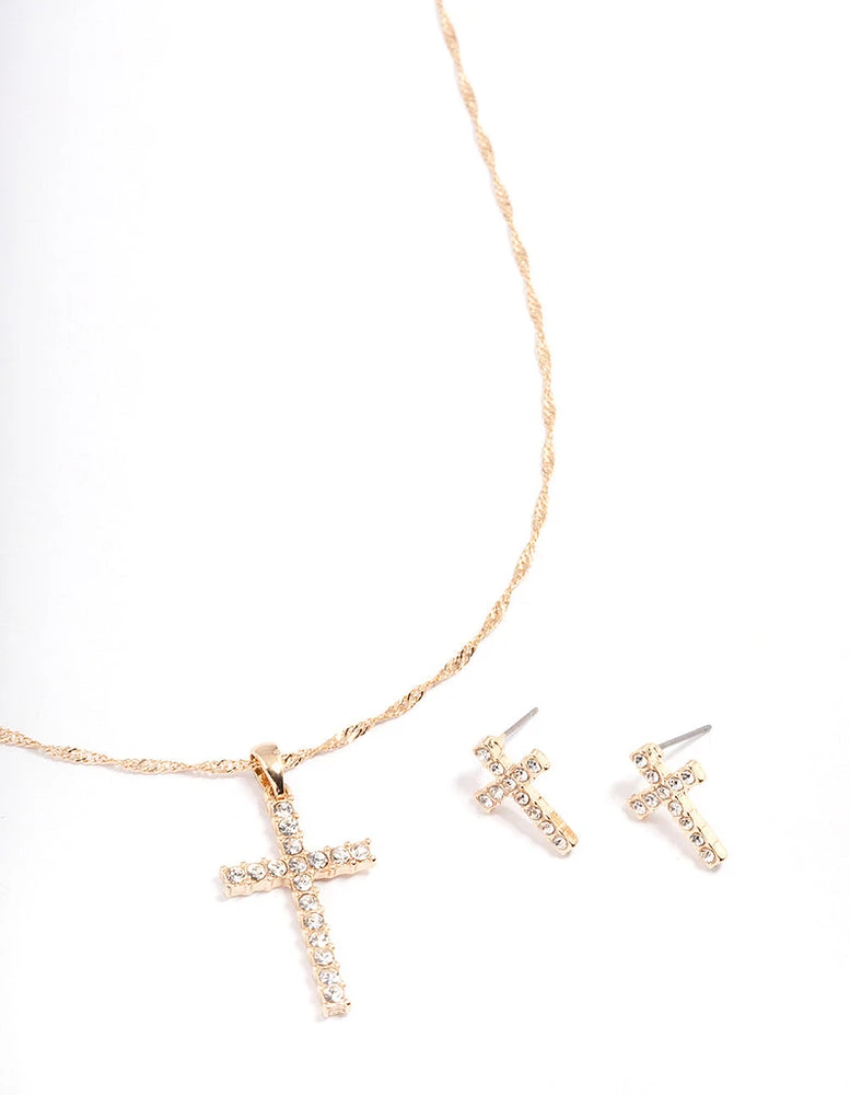 Gold Diamante Cross Jewellery Set