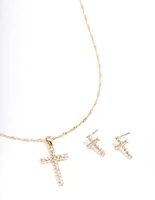 Gold Diamante Cross Jewellery Set