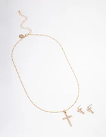 Gold Diamante Cross Jewellery Set