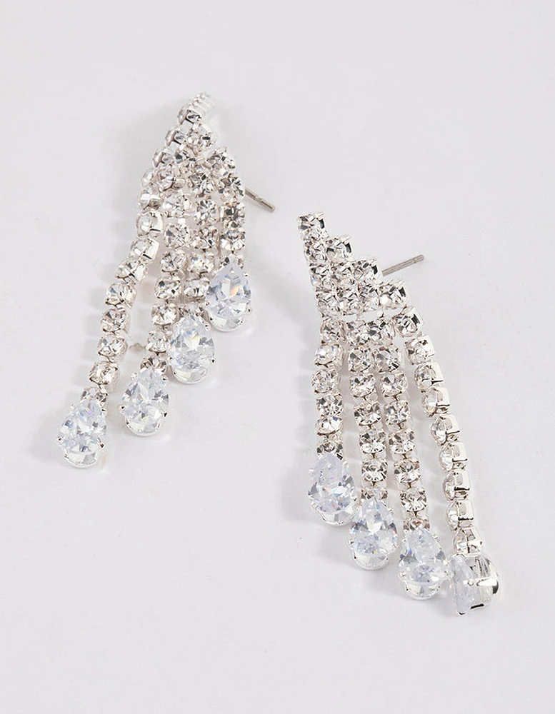 Silver Cubic Zirconia Four Row Tassel Stone Drop Earrings