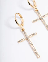 Gold Plated Diamante Large Cross Drop Earrings