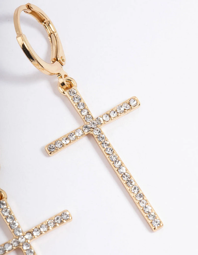 Gold Plated Diamante Large Cross Drop Earrings