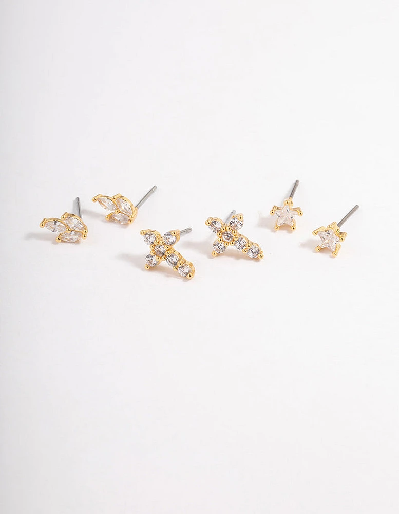 Gold Plated Cubic Zirconia Cross & Star Stud Earrings Pack