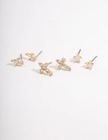 Gold Plated Cubic Zirconia Cross & Star Stud Earrings Pack