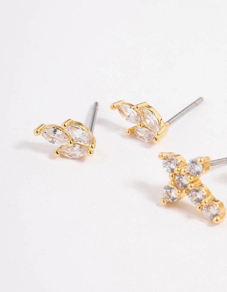 Gold Plated Cubic Zirconia Cross & Star Stud Earrings Pack