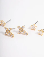 Gold Plated Cubic Zirconia Cross & Star Stud Earrings Pack